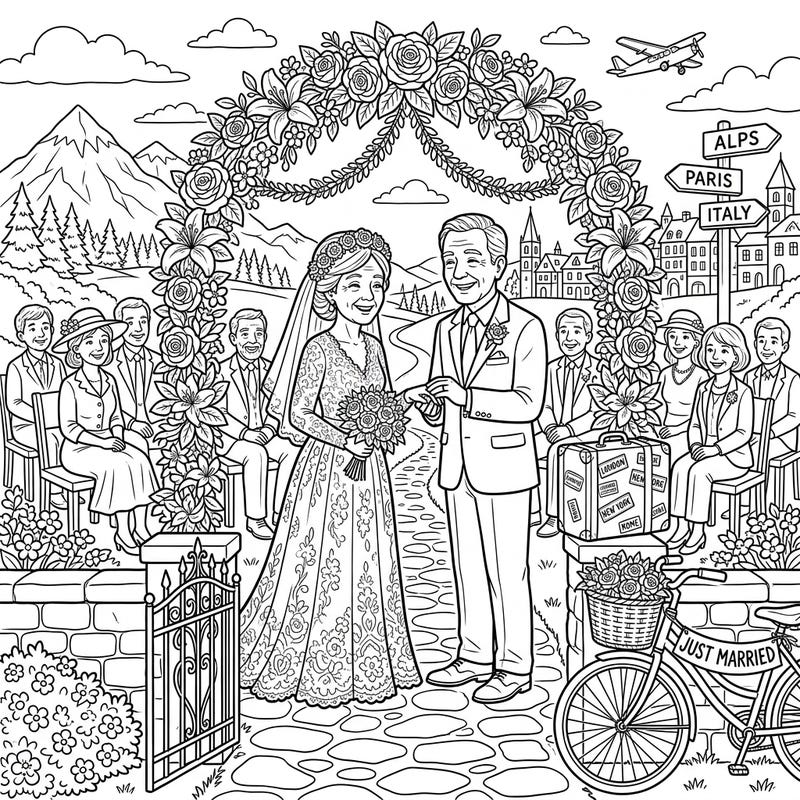 Embark on a joyful journey of love and adventure with this enchanting coloring page. Featuring a senior couple celebrating their wedding amidst picturesque travel destinations, it's a perfect blend of romance and exploration.