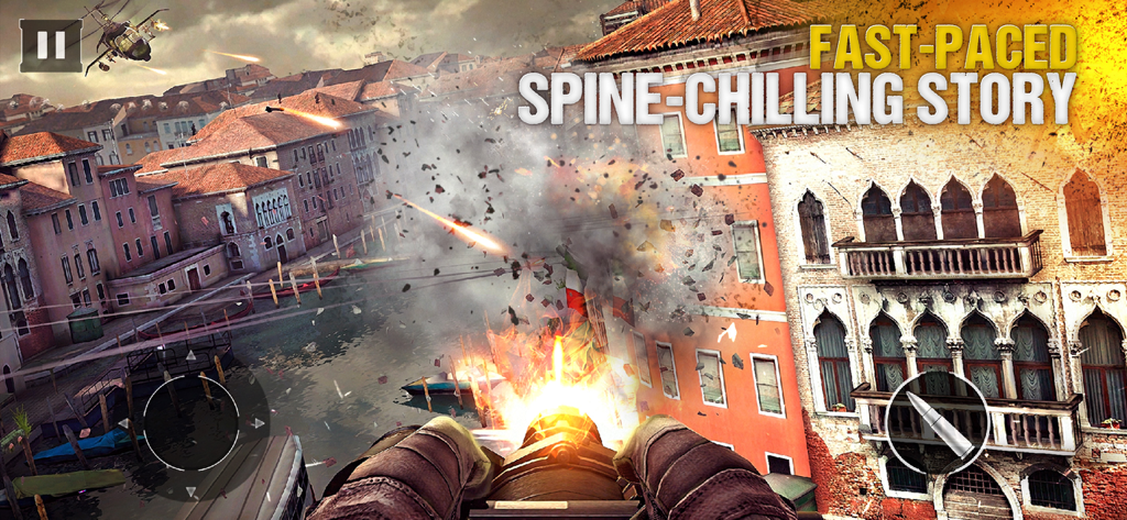 Jugabilidad de Modern Combat 5 mostrando una intensa misión de historia en Venecia con explosiones