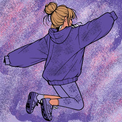 realistic girl jumping with a bun and oversized sweatshirt