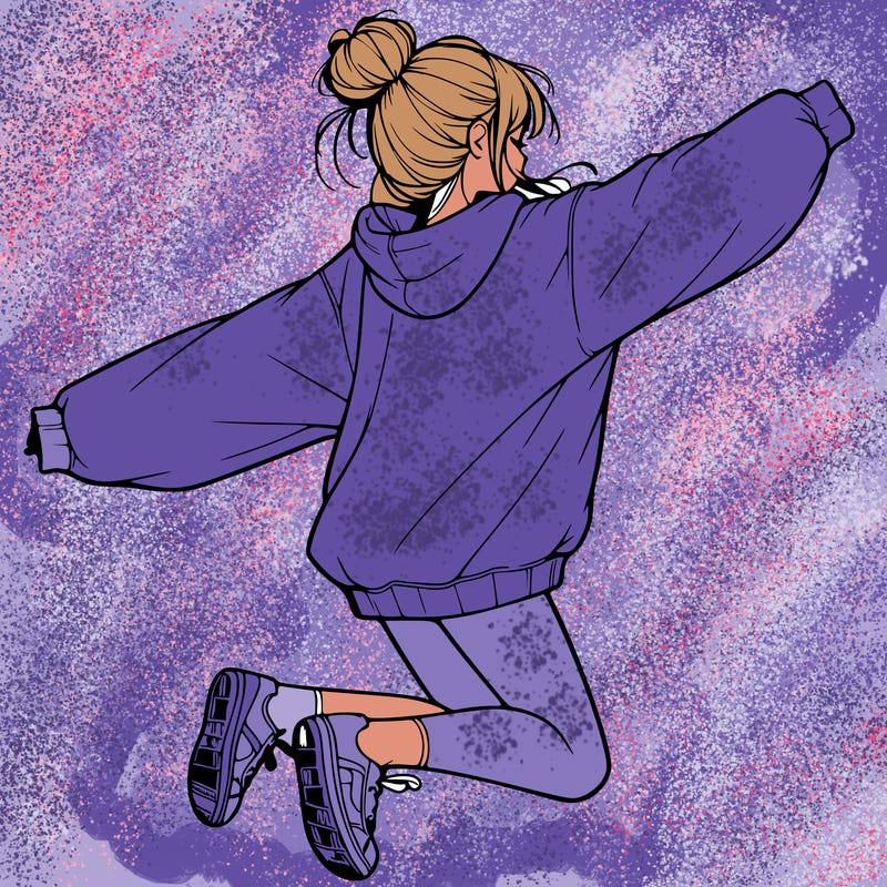 realistic girl jumping with a bun and oversized sweatshirt