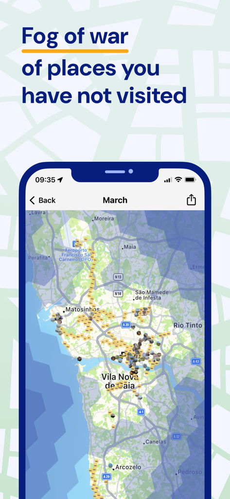 Been & Done Travel Journal Map - Eine Reisekarte zeigt erkundete Gebiete und einen Nebel des Kriegseffekts über unbesuchten Orten