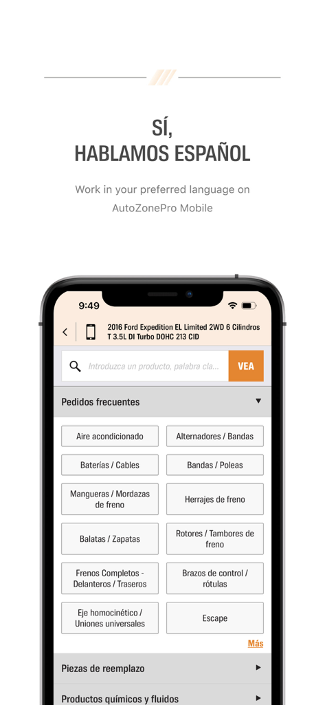 AutoZonePro Mobile app interface in Spanish showing car parts categories