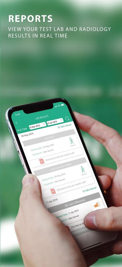 AMH Mobile - AMH Mobile app showing real-time lab and radiology test results on a smartphone