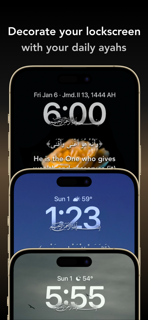 Pantallas de bloqueo estéticas de iPhone con versos coránicos diarios y widgets de hora de la aplicación Noor