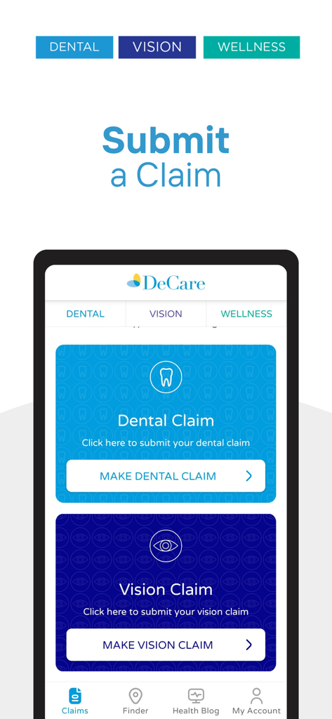 DeCare - DeCare mobile app screen showing options to submit dental and vision insurance claims