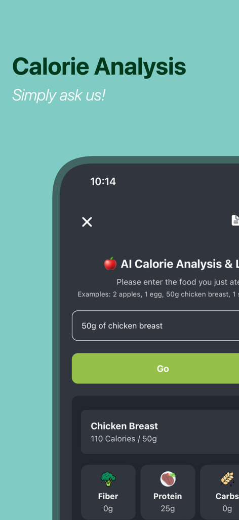Calorie Scan - AI Food Tracker - Calorie Scan app interface showing AI powered nutrition and calorie analysis for chicken breast