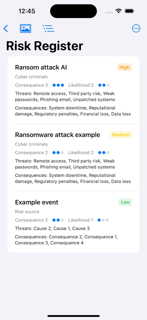 La schermata del Registro dei Rischi dell'app Risk Analyser Mobile che mostra eventi di rischio ad alta, media e bassa priorità con minacce e conseguenze dettagliate.