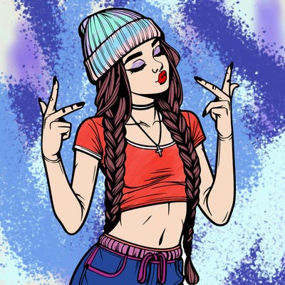 realistic teenage girl with braids and a beanie and crop top doing 🫶🏼