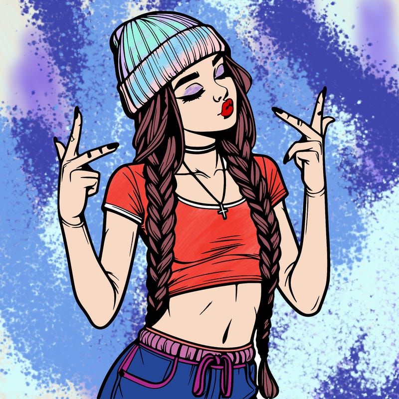 realistic teenage girl with braids and a beanie and crop top doing 🫶🏼
