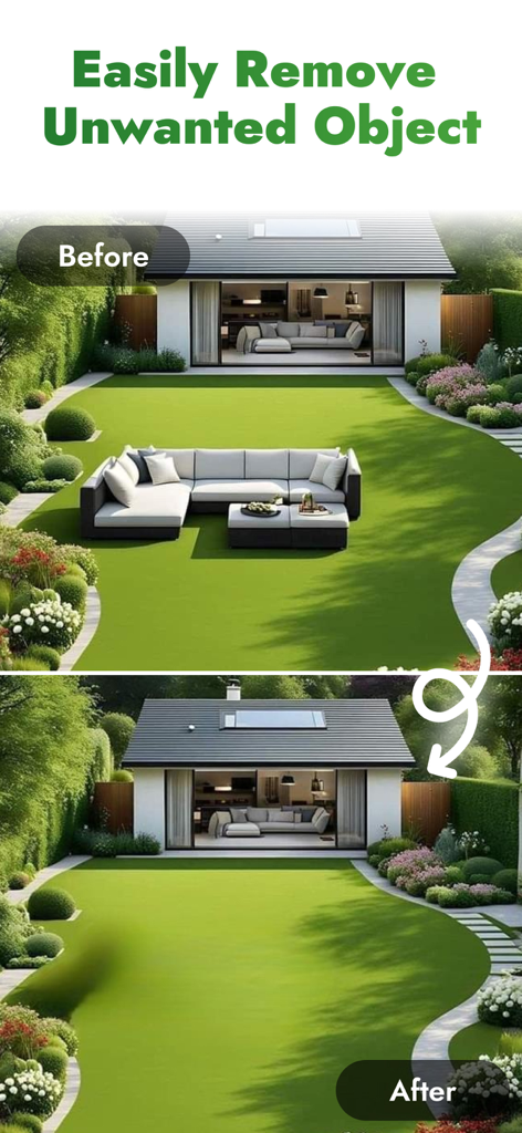 Ein Vorher-Nachher-Vergleich eines Hinterhofs, der die Entfernung eines großen Sofas vom Rasen mit KI-Landschaftsgestaltungswerkzeugen zeigt.