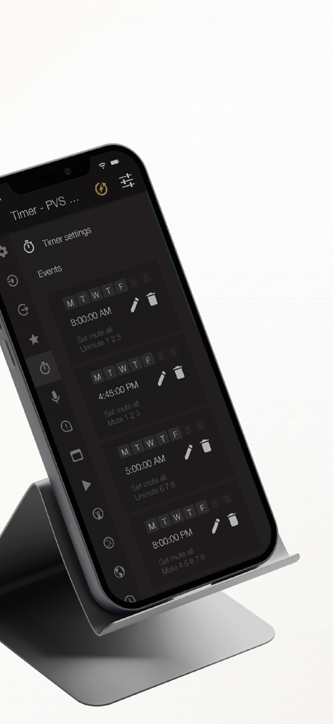 Smartphone displaying AUDAC Touch 2 app timer settings and scheduled audio events