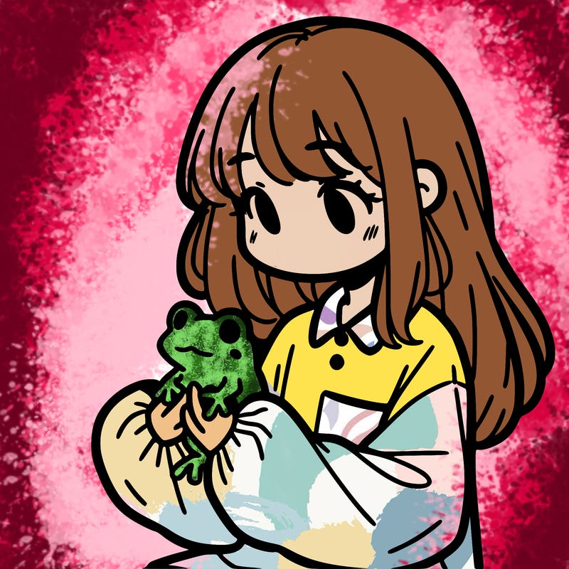 girl with long hair and a oversized shirt. and she is holding a frog