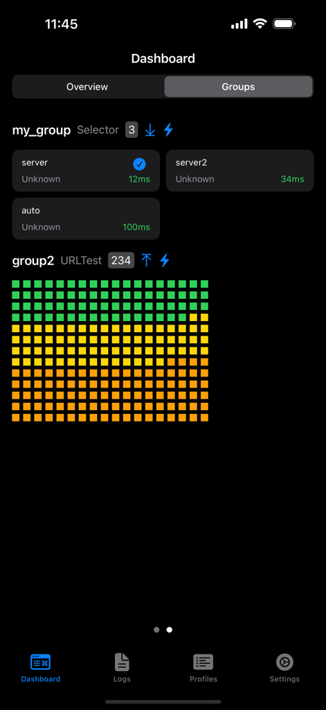 A dashboard view of the sing-box VT app showing server connection groups and latency metrics.