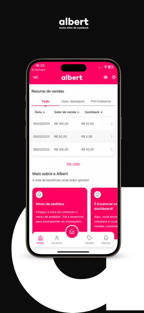 oi, albert para parceiros - Sales summary dashboard in the Albert partner app showing transaction history and cashback data