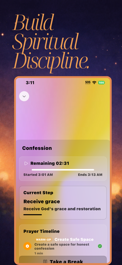 Bible ASMR - A mobile screen for the Bible ASMR app showcasing a guided confession session with a progress timer and spiritual discipline tools.