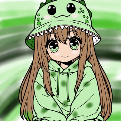 girl with anime shaped eyes with a dinosaur bucket hat oversized sweatshirt long straight hair