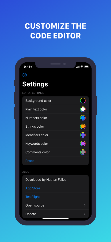 Menu de configurações para personalizar realce de sintaxe e cores do editor