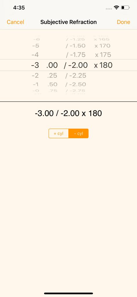 Subjective refraction input screen in the Opticalc app showing picker wheels for eye prescription parameters