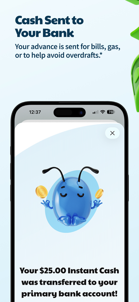 ATMアプリのインターフェース。25ドルの即時現金が銀行口座に正常に送金された確認メッセージが表示されています