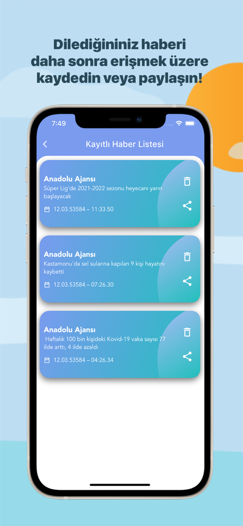 A list of saved Turkish news articles from Anadolu Ajansi in the Gazeteler TR mobile app