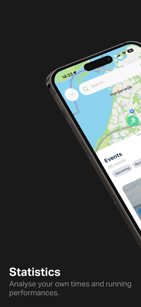 ChronoRace - ChronoRace mobile app display showing race event map and performance statistics section