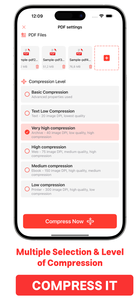複数のPDFファイルを選択し、圧縮レベルを選択するためのモバイルアプリインターフェース。