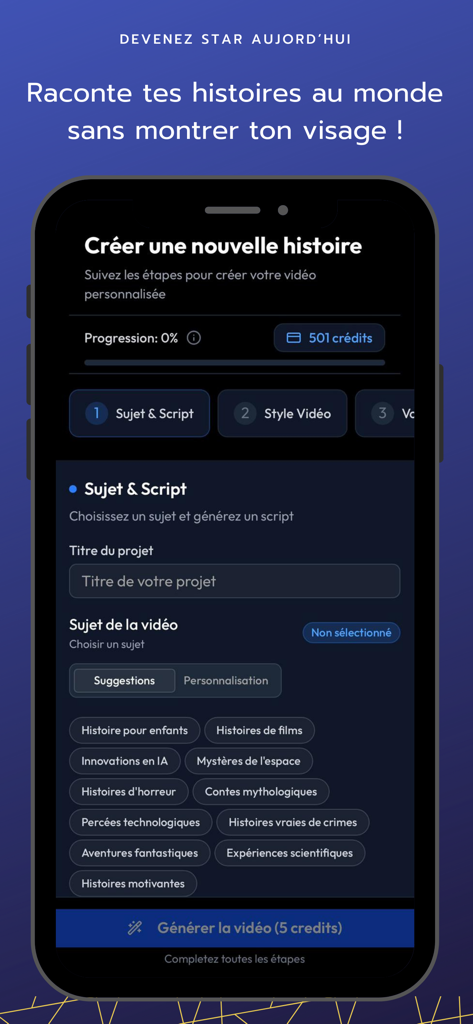 Kimov - Una pantalla móvil que muestra la interfaz de Kimov AI para crear una nueva historia de vídeo con opciones de tema y guion.