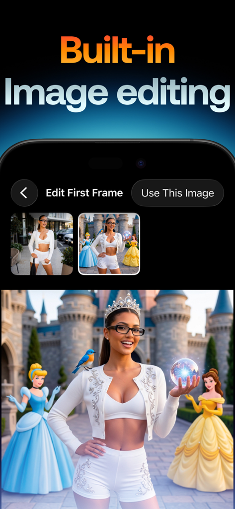 Swap Cast: AI Video - Interfaz de la aplicación móvil que muestra funciones de edición de imagen integradas para la transformación de personajes con IA