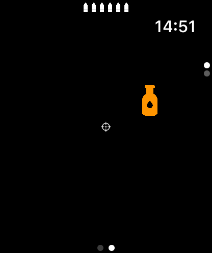 Wrist Stability - Modo de juego Bottle Breaker en Apple Watch con un retículo de puntería y una botella naranja