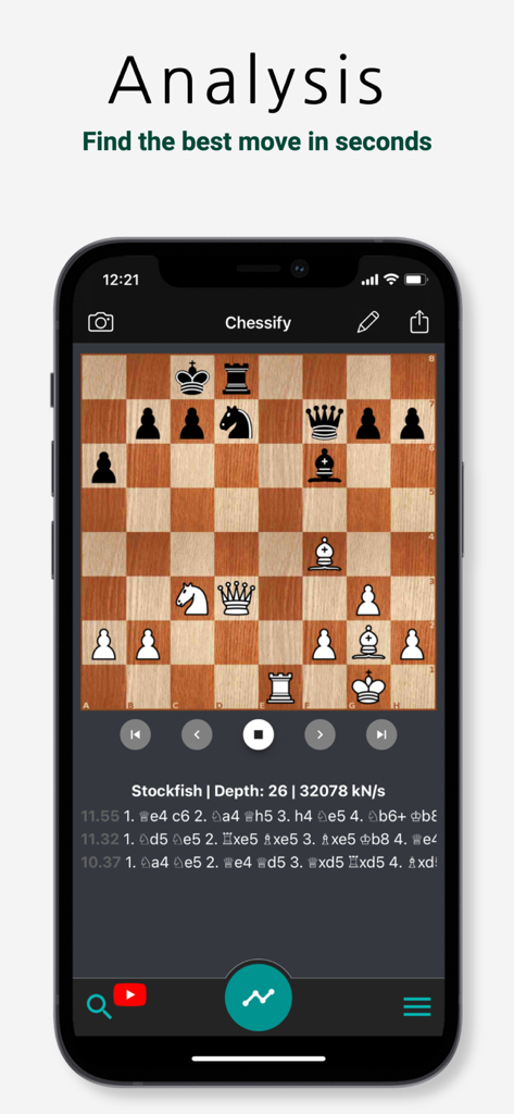 Chessify - Magic Chess Tools - Pantalla de la aplicación móvil Chessify mostrando un tablero de ajedrez con análisis profundo del motor Stockfish y recomendaciones de movimientos