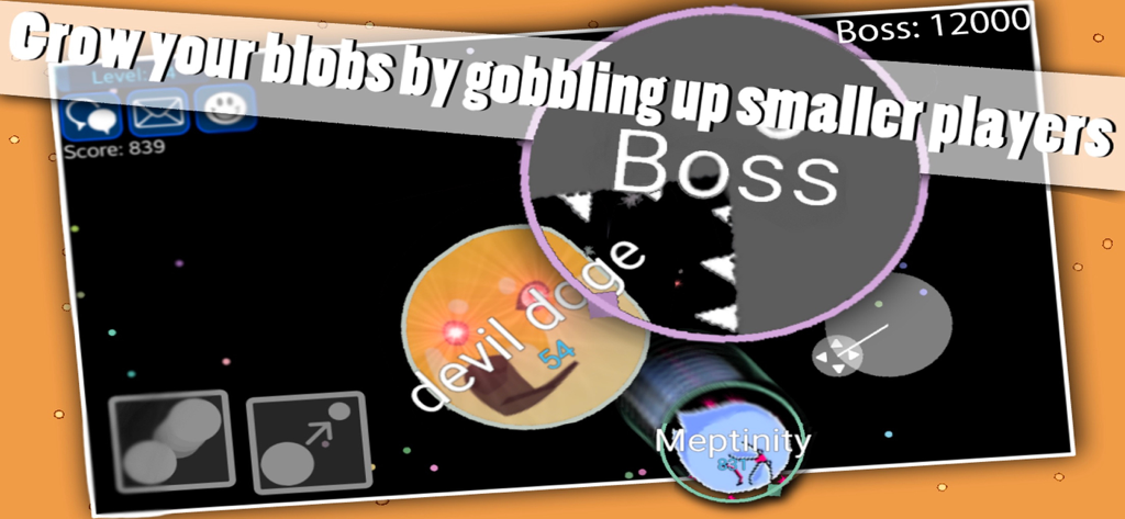 Jugabilidad de Nebulous io que muestra masas de jugadores con skins personalizadas y controles del juego