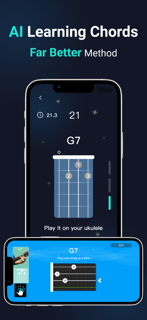 ukulele tuner - utunermate - Smartphone screen showing an AI powered ukulele chord learning interface with a G7 chord diagram