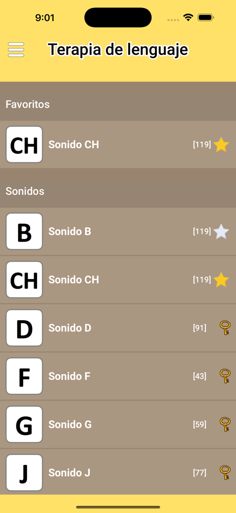 Terapia de lenguaje ejercicios - Interface of the speech therapy app showing a list of Spanish phonemes and sounds for pronunciation practice