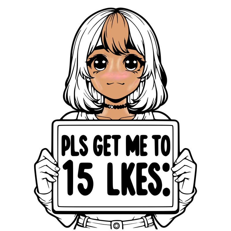 realistic girl holding up a sign that says “pls get me to 15 likes!”