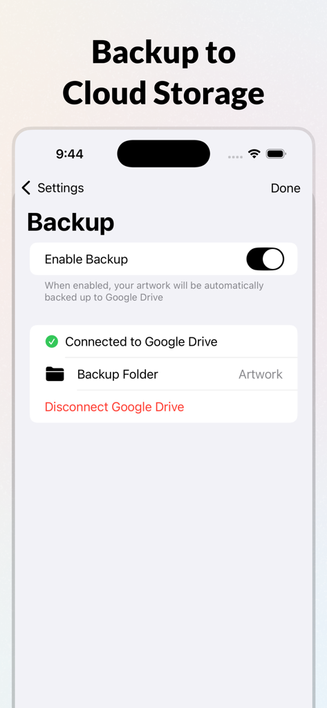 Tela de configurações no aplicativo Keepbox mostrando como habilitar backup automático na nuvem de arte infantil para o Google Drive