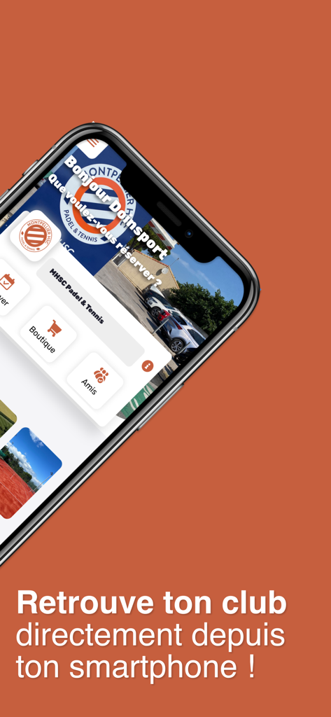MHSC PADEL & TENNIS - Smartphone showing the MHSC Padel and Tennis app home screen for court reservations.