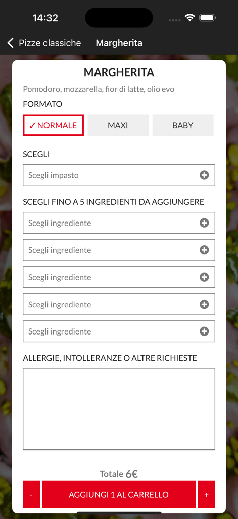Mastro Pizza Treviso - Customization screen for a Margherita pizza in the Mastro Pizza Treviso mobile app