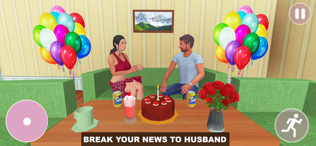 A virtual woman announcing her pregnancy to her husband in a room decorated with balloons and cake