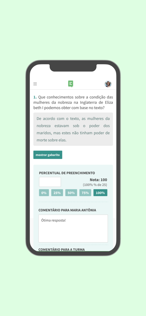 Mobile screen of the Essia app showing a student's graded assignment and teacher comments.