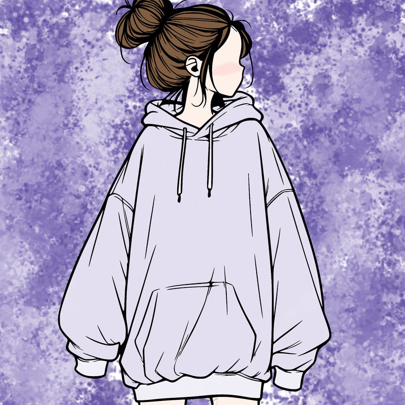 realistic girl with a oversized sweatshirt on and a bun