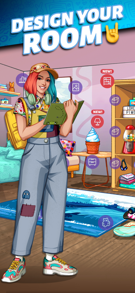 Party in My Dorm: Campus Life - A female character customizing her aesthetic college dorm room in the Party in My Dorm app