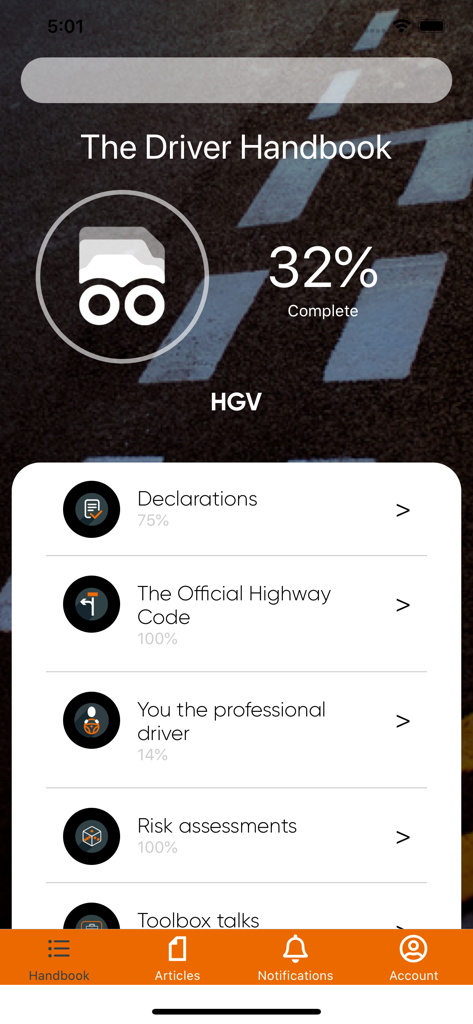 The Driver Handbook mobile app dashboard showing training modules and completion progress for an HGV driver