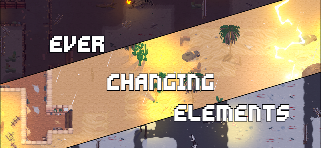 To The Trenches - Pantalla dividida que muestra diferentes climas y entornos en el juego de estrategia de arte de píxeles retro A Las Trincheras.