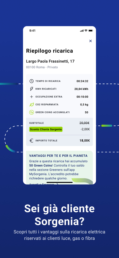 MyNextMove – ricarica auto - Riepilogo di una sessione di ricarica per veicoli elettrici nell'app MyNextMove che mostra costi e risparmi