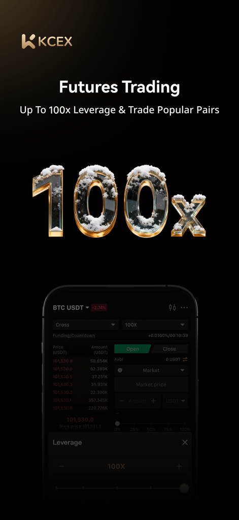 KCEX: The Lowest Crypto Fees - KCEX app screen promoting futures trading with up to 100x leverage on popular cryptocurrency pairs