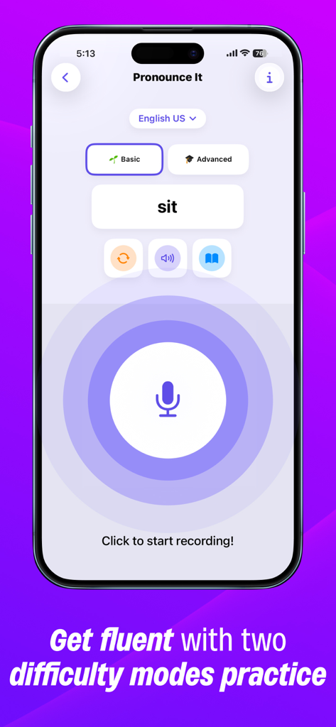 Pronounce Words - Hear it - Language pronunciation app screen showing difficulty modes and a voice recording button