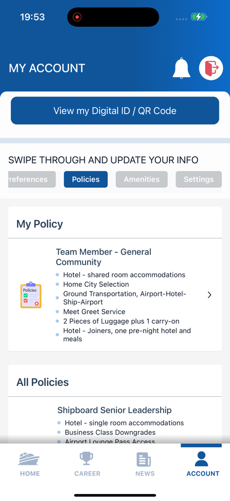 TMHub - Pantalla de cuenta de la aplicación TMHub que muestra las políticas de viaje y alojamiento de la tripulación.
