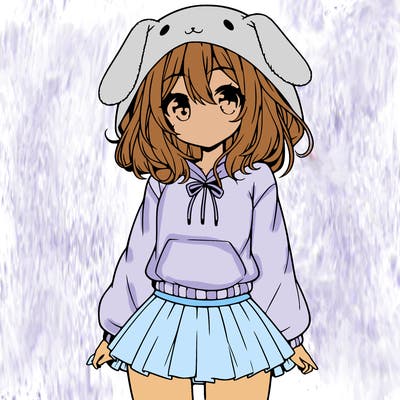 pretty anime girl wearing a fluffy hoodie with bunny ears on the hood and a skirt
