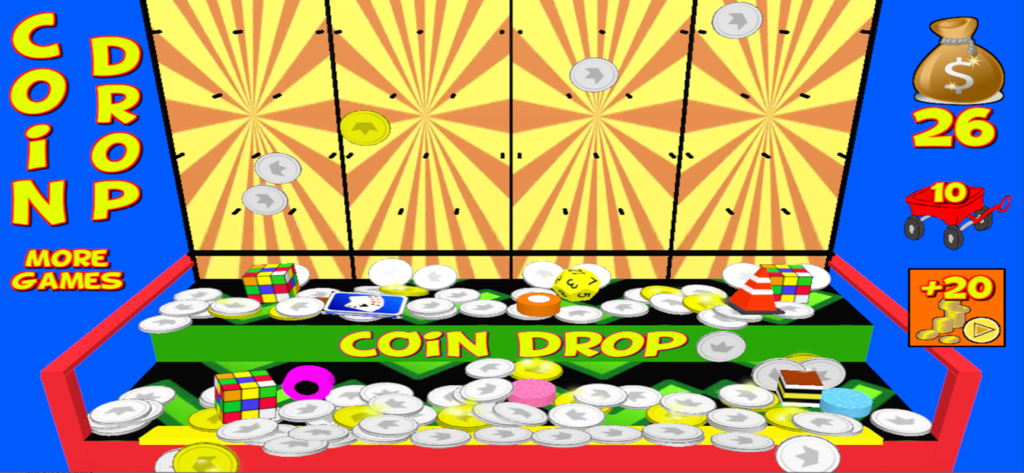 Coin Drop Pro arcade coin pusher gameplay showing coins and prizes on a moving shelf