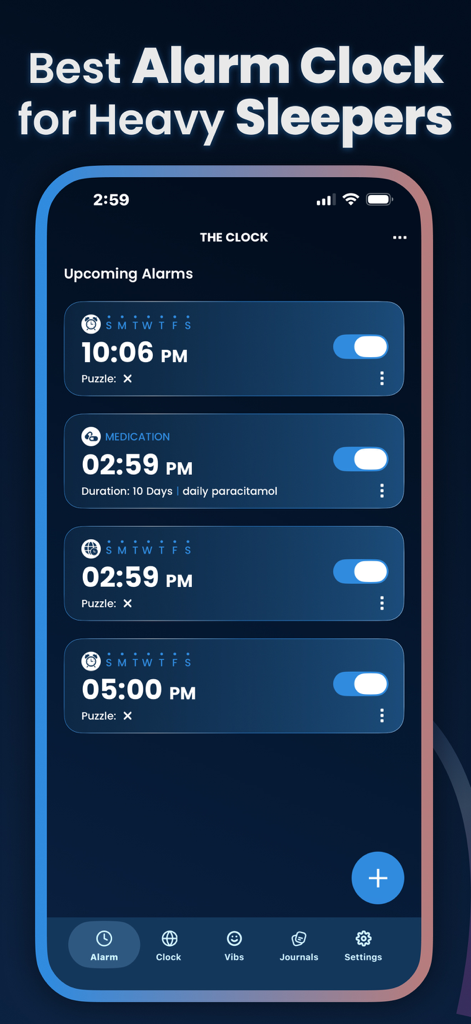 Alarm Clock Svegliare - iPhone interface for Alarm Clock Svegliare showing a list of upcoming alarms including medication reminders and timezone-adjusted alerts for heavy sleepers.